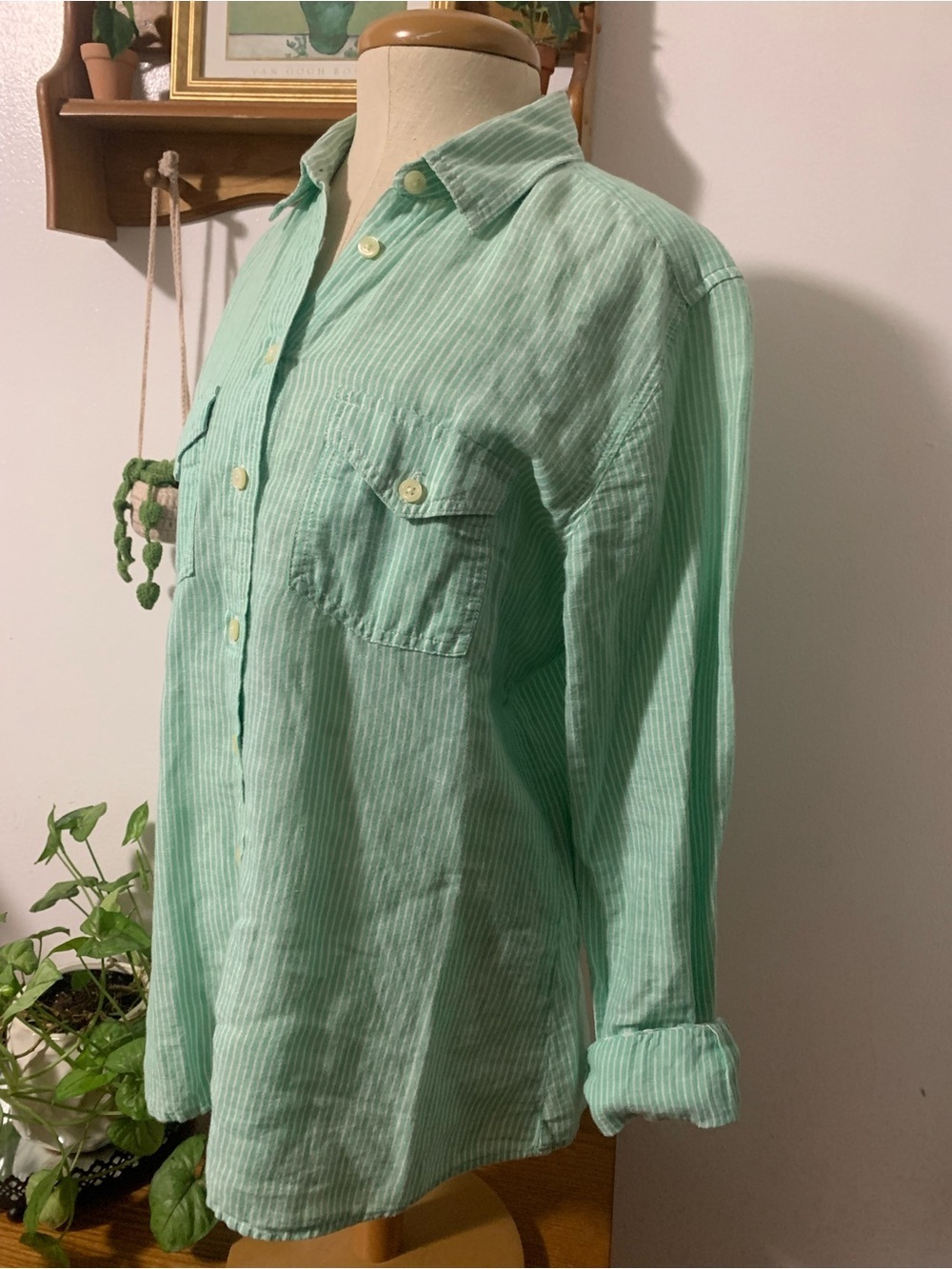 Banana Republic Soft Wash Linen Cotton Mint Green and White Pinstripe Shirt M - Picture 8 of 16